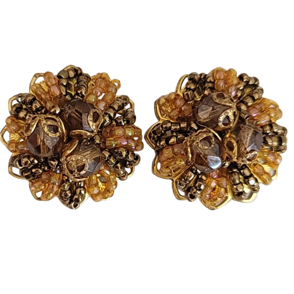 Original By Robert Gold Tone Ab Brown Glass Bead Clip-On Earrings, Signed K601